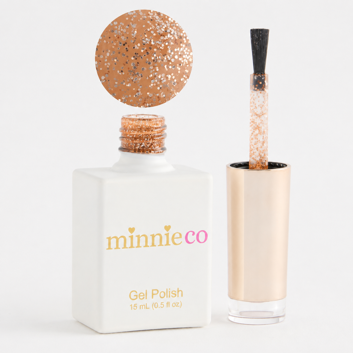Falling For You gel polish open bottle and colour swatch by Minnieco
