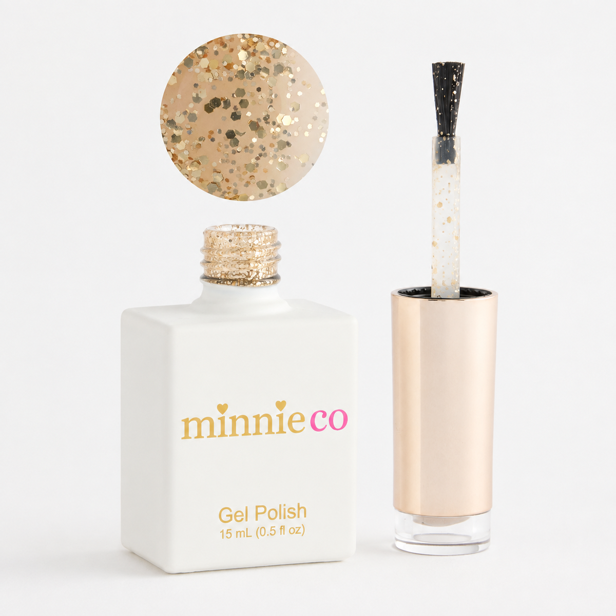 Five Gold Rings gel polish open bottle and colour swatch by Minnieco