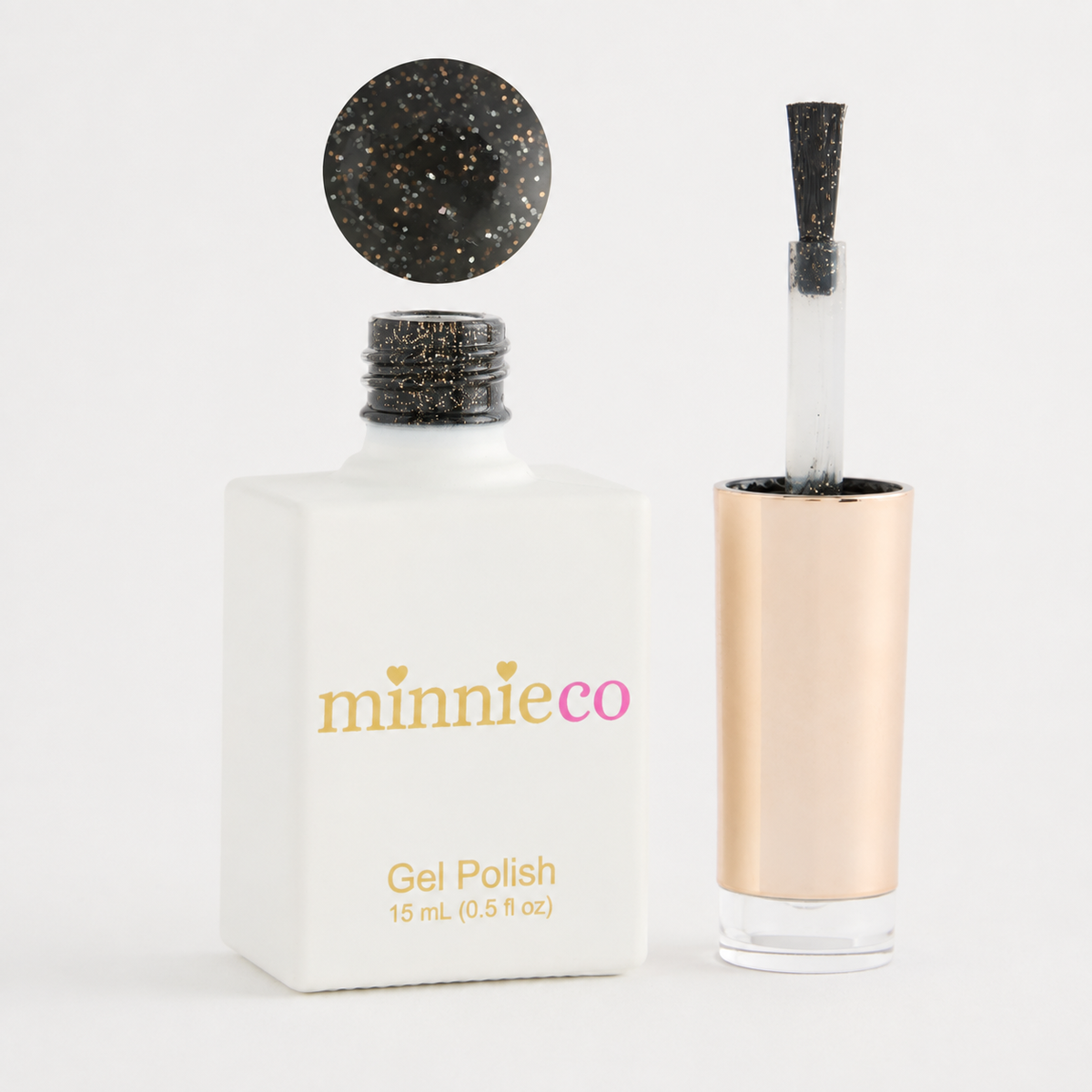 Naughty List gel polish open bottle and colour swatch by Minnieco