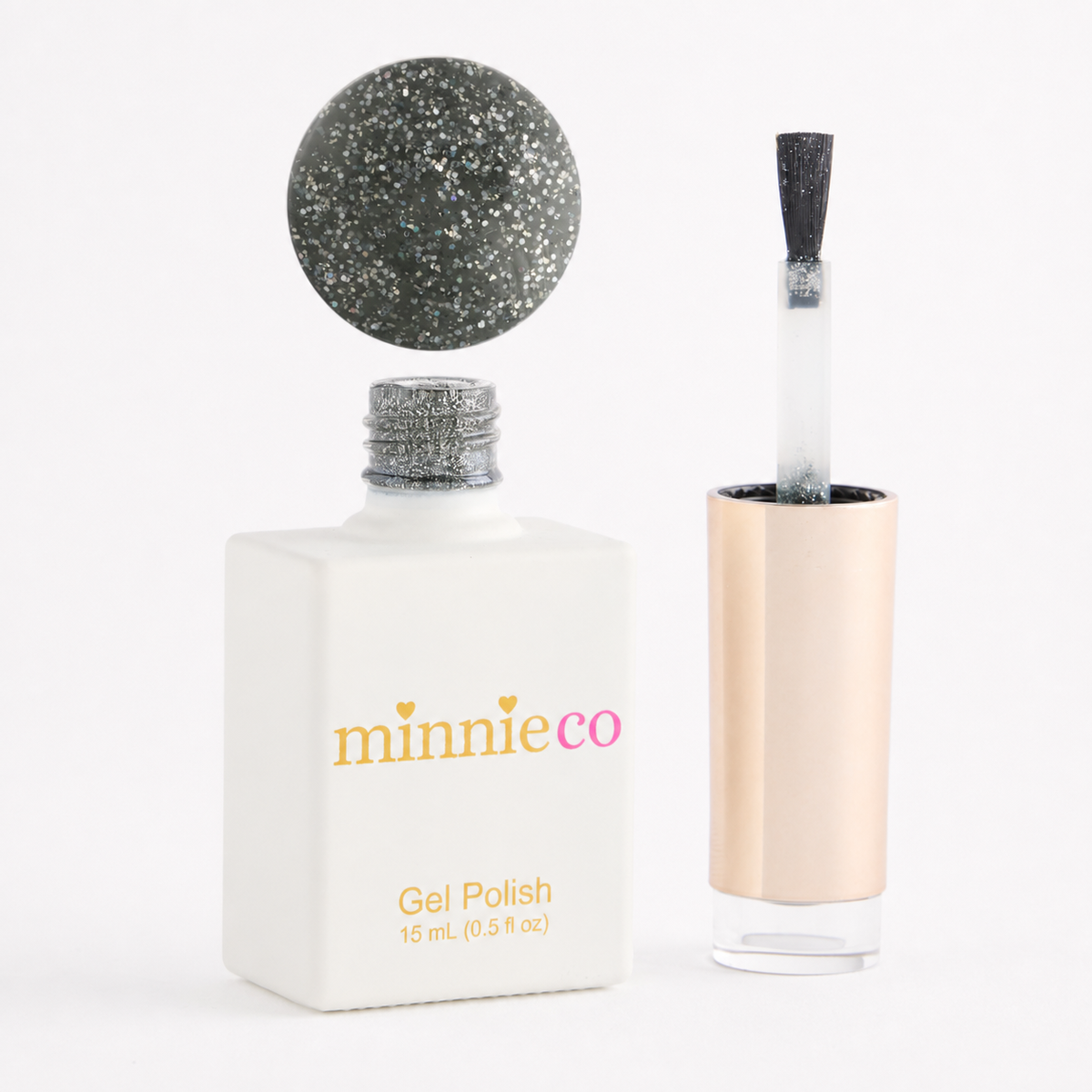 Tinseltown gel polish open bottle and colour swatch by Minnieco