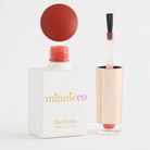 Cinnamon Spice gel polish open bottle and colour swatch by Minnieco