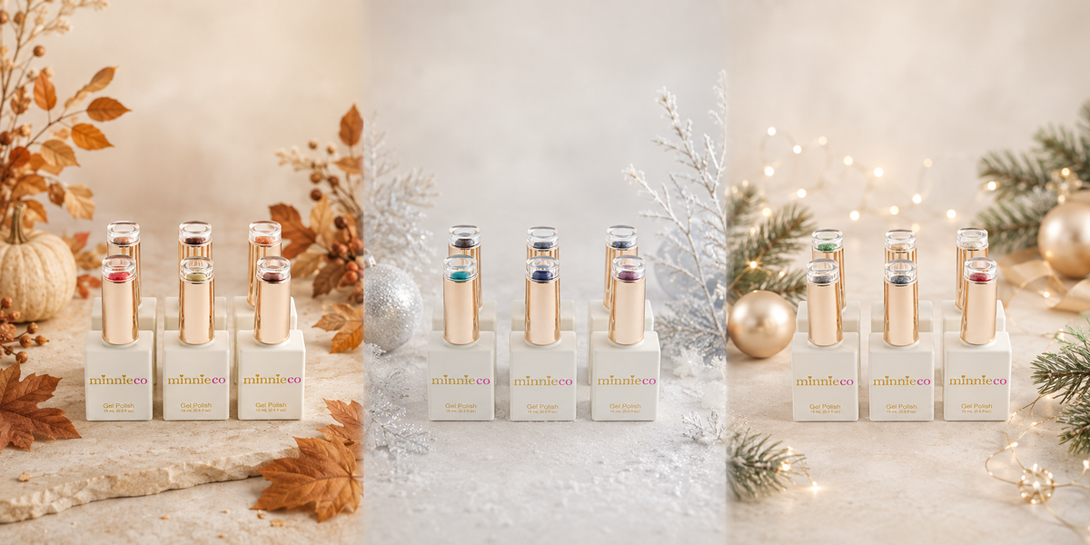 Minnieco Autumn, Winter and Christmas gel polish collections in seasonal scenes